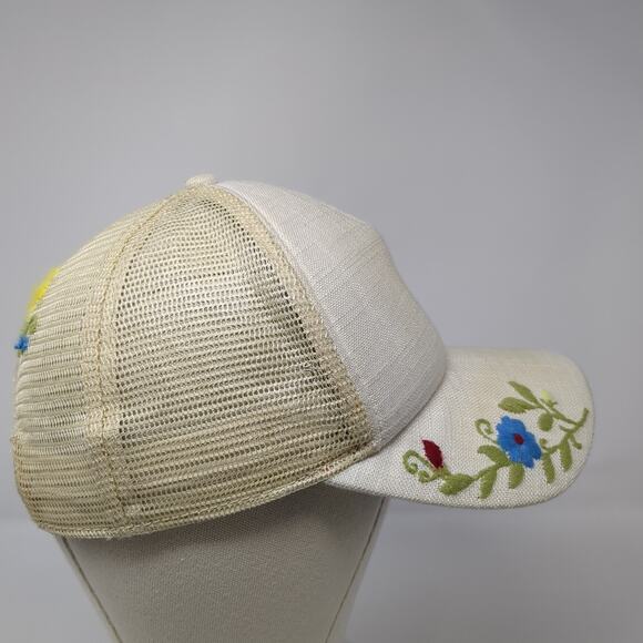 Prana Snapback Trucker Hat Beige OS Adjustable Embroidered Floral Mesh Back - Picture 5 of 8